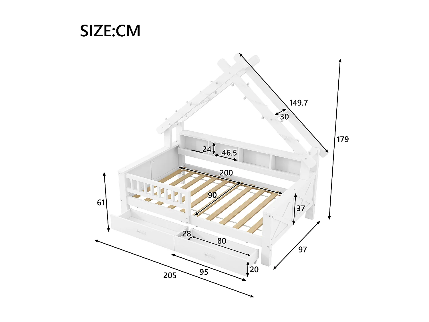 Lit cabane enfant 140x200 cm - avec LED - 2 tiroirs et compartiments de rangement - Barrières de sécurité -Blanc (matelas non inclus)