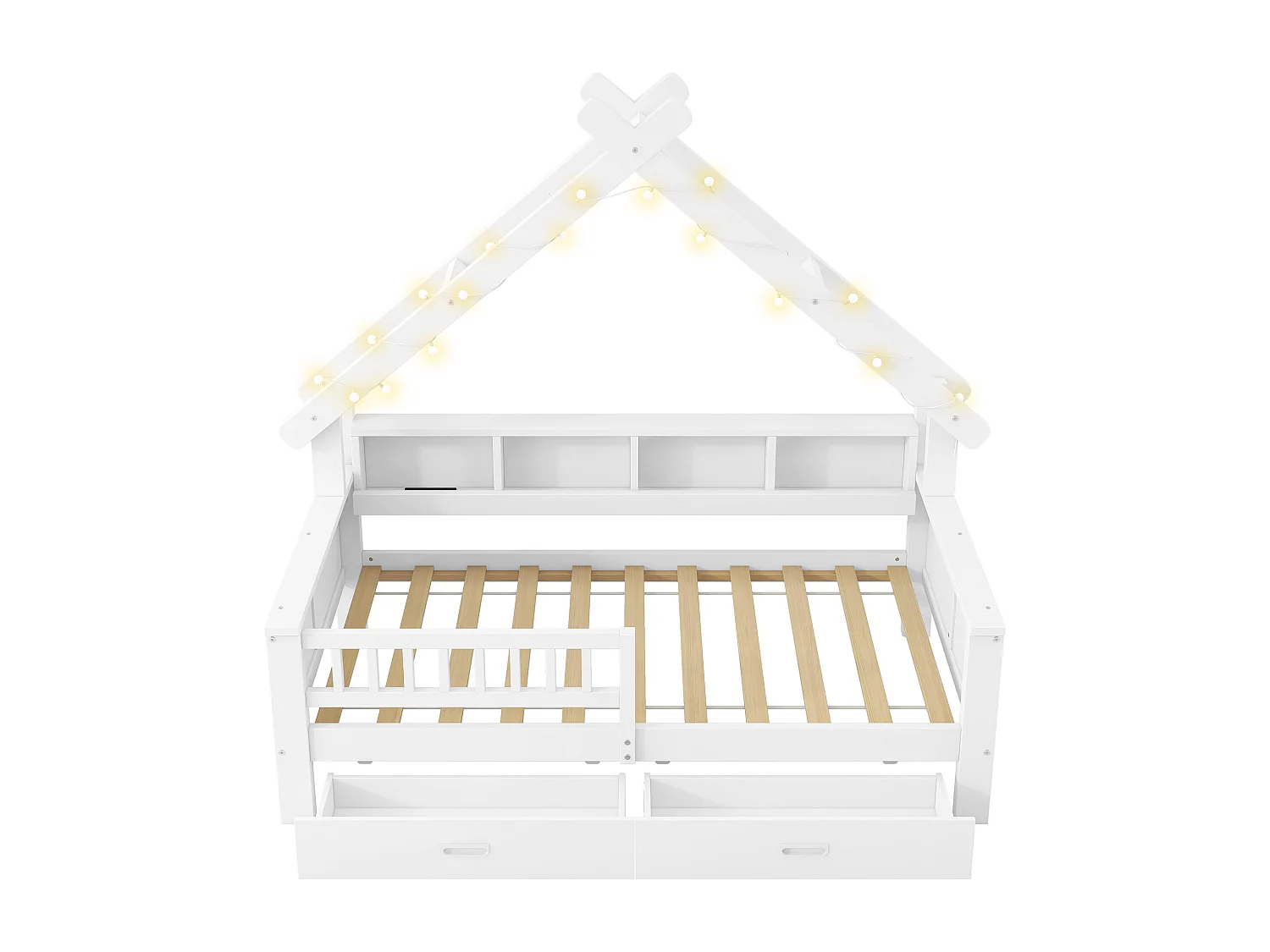 Lit cabane enfant 140x200 cm - avec LED - 2 tiroirs et compartiments de rangement - Barrières de sécurité -Blanc (matelas non inclus)
