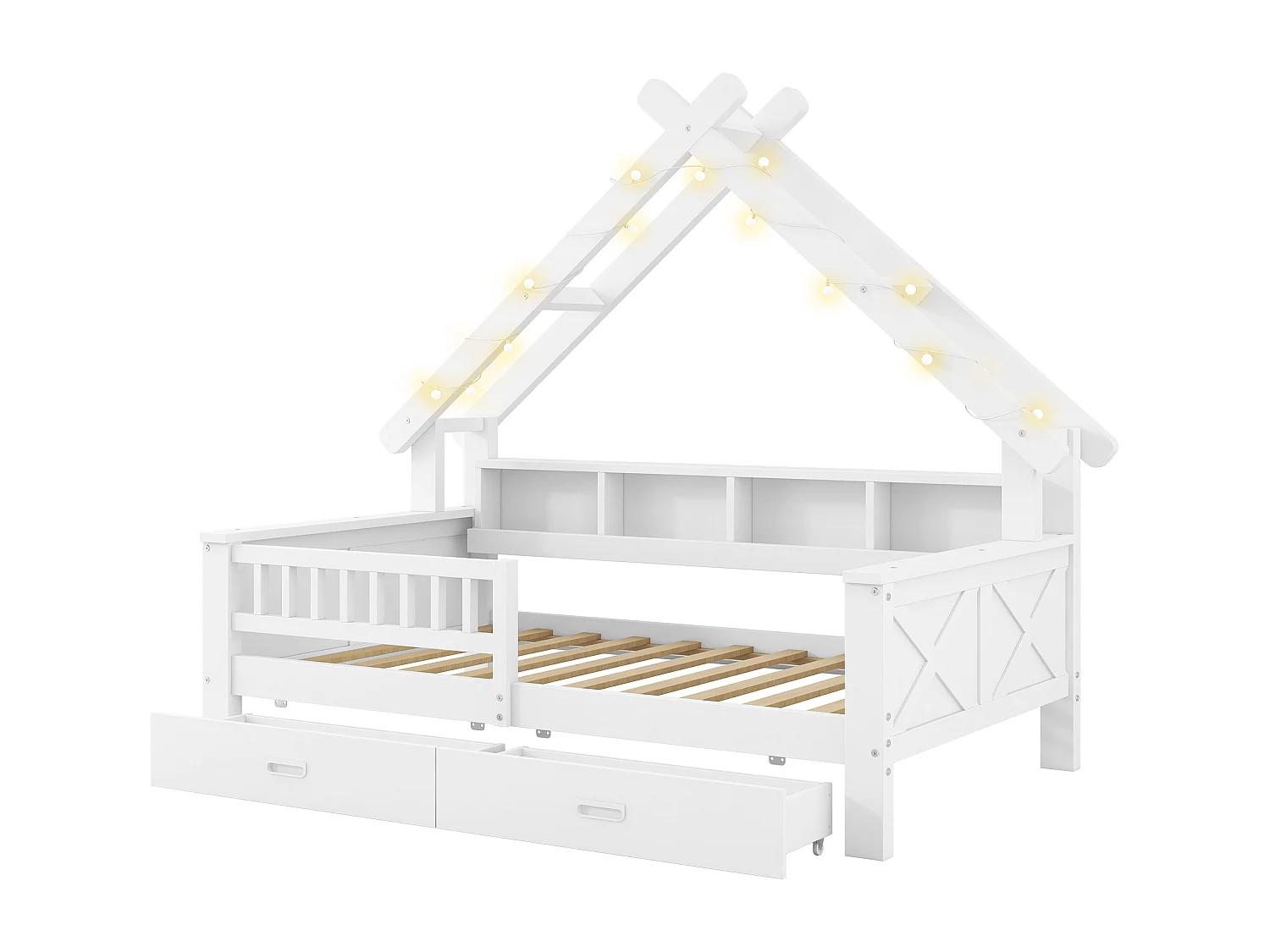 Lit cabane enfant 140x200 cm - avec LED - 2 tiroirs et compartiments de rangement - Barrières de sécurité -Blanc (matelas non inclus)