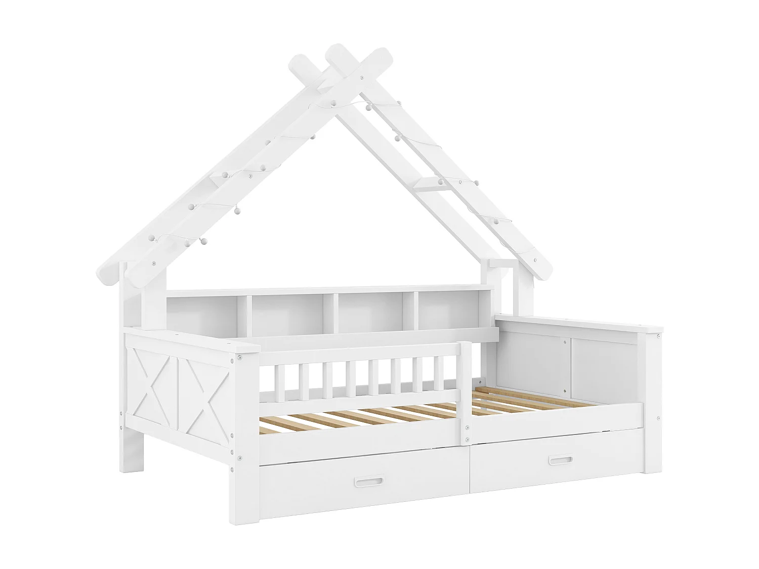 Lit cabane enfant 140x200 cm - avec LED - 2 tiroirs et compartiments de rangement - Barrières de sécurité -Blanc (matelas non inclus)