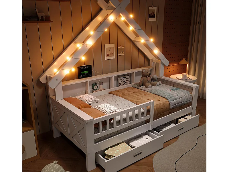 Lit cabane enfant 140x200 cm - avec LED - 2 tiroirs et compartiments de rangement - Barrières de sécurité -Blanc (matelas non inclus)