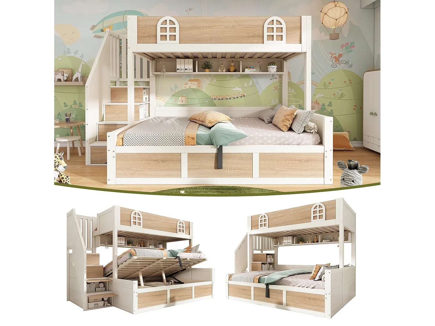 Lit superposé enfants - 90 x 200 + 140 x 200 cm - avec rangement hydraulique + escalier de rangement - bois - blanc + naturel