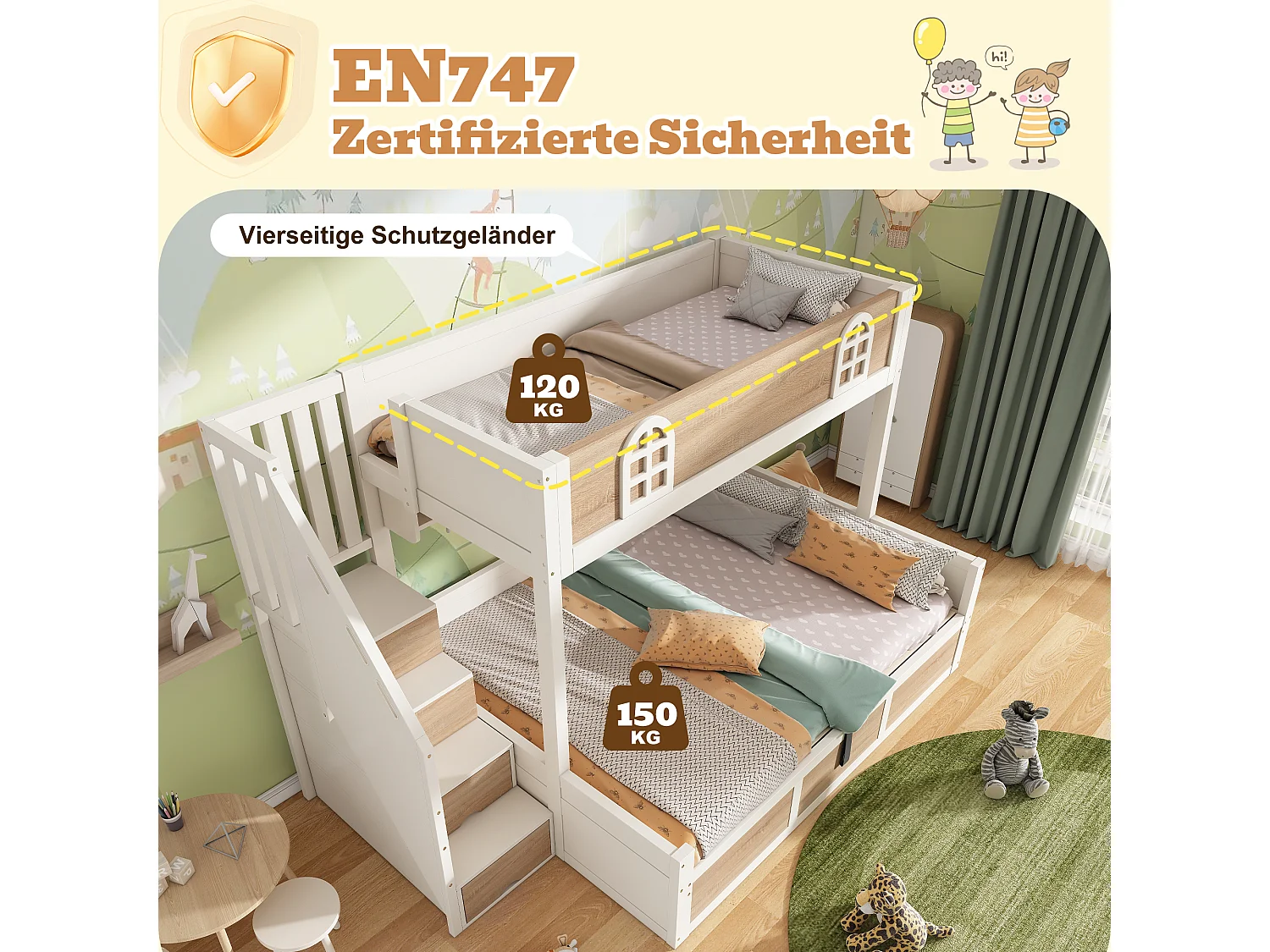 Lit superposé enfants - 90 x 200 + 140 x 200 cm - avec rangement hydraulique + escalier de rangement - bois - blanc + naturel