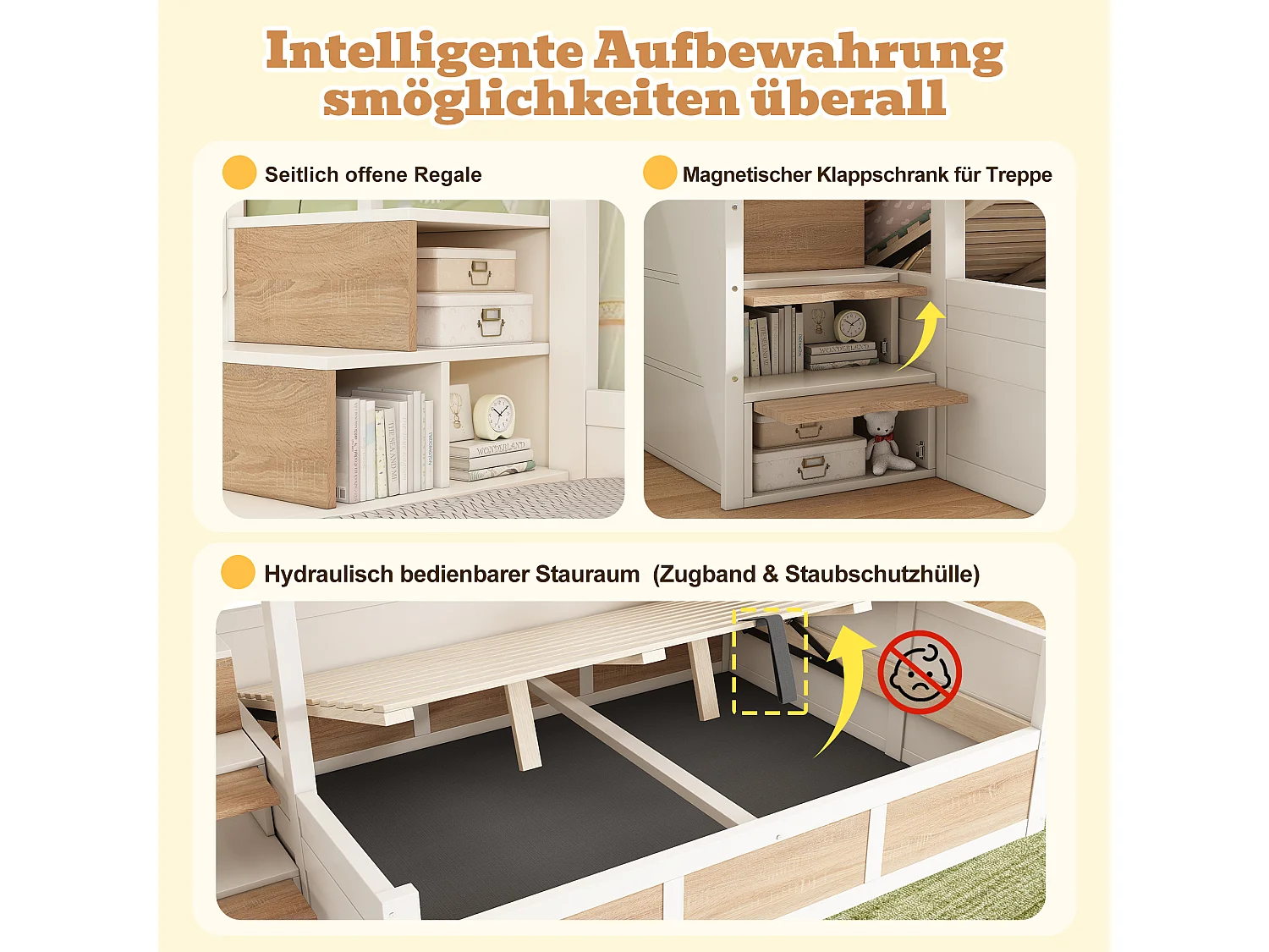 Lit superposé enfants - 90 x 200 + 140 x 200 cm - avec rangement hydraulique + escalier de rangement - bois - blanc + naturel