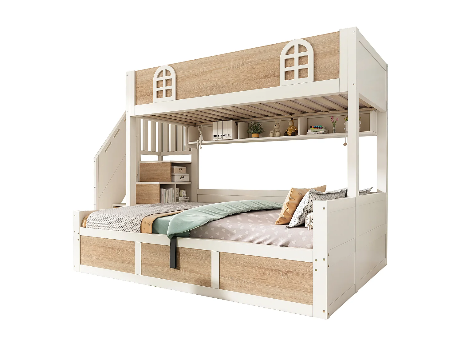 Lit superposé enfants - 90 x 200 + 140 x 200 cm - avec rangement hydraulique + escalier de rangement - bois - blanc + naturel