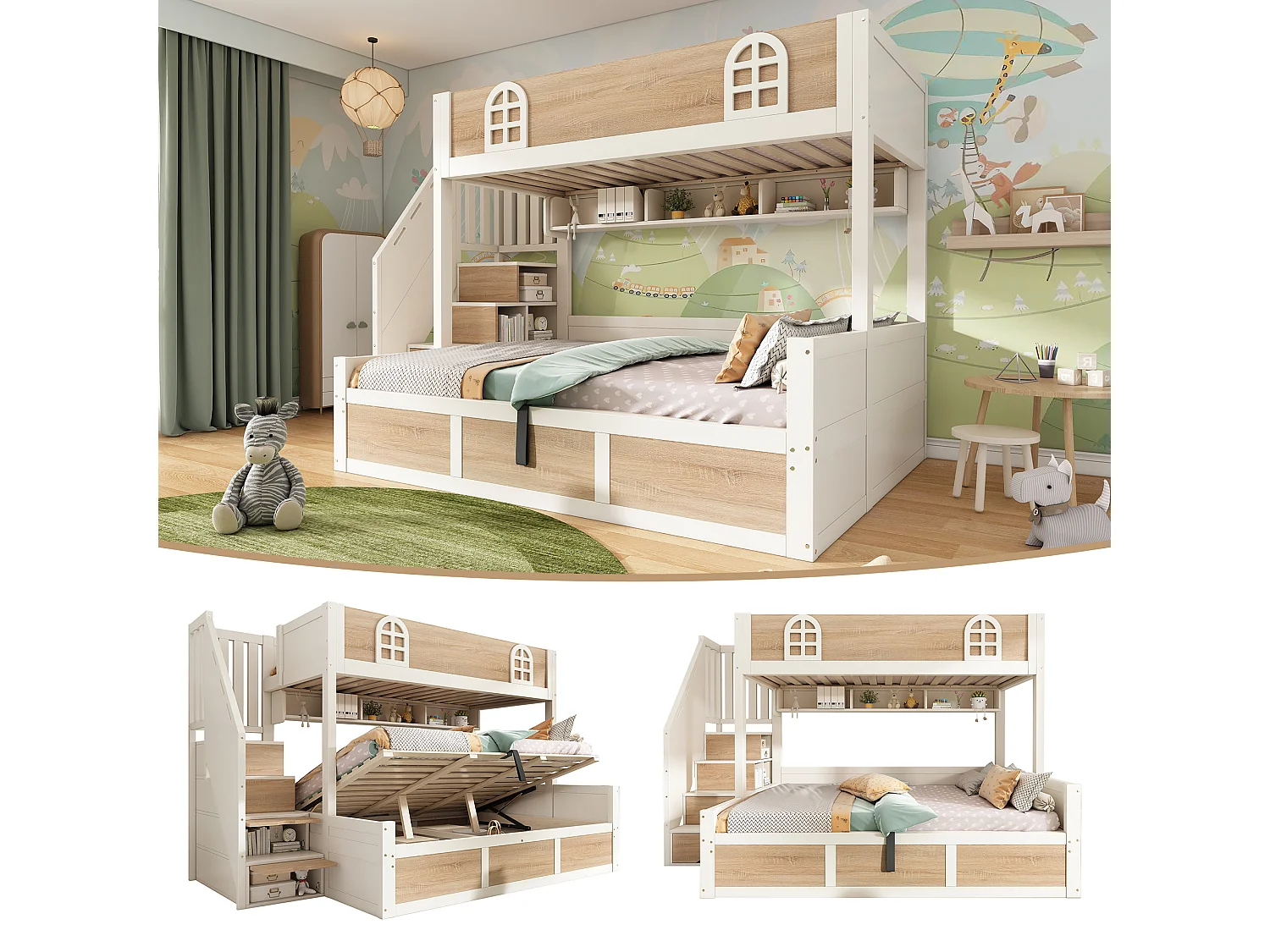 Lit superposé enfants - 90 x 200 + 140 x 200 cm - avec rangement hydraulique + escalier de rangement - bois - blanc + naturel
