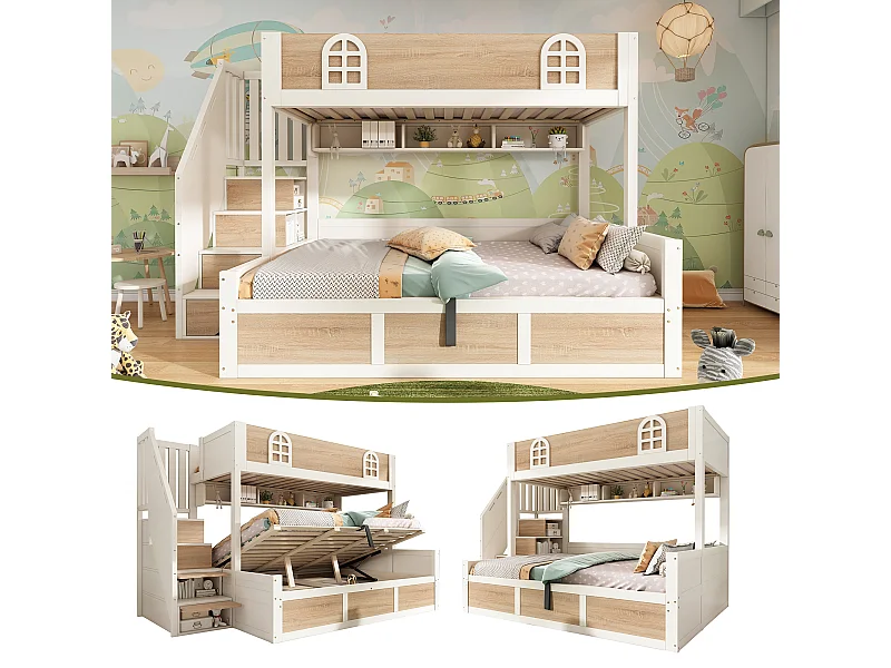 Lit superposé enfants - 90 x 200 + 140 x 200 cm - avec rangement hydraulique + escalier de rangement - bois - blanc + naturel