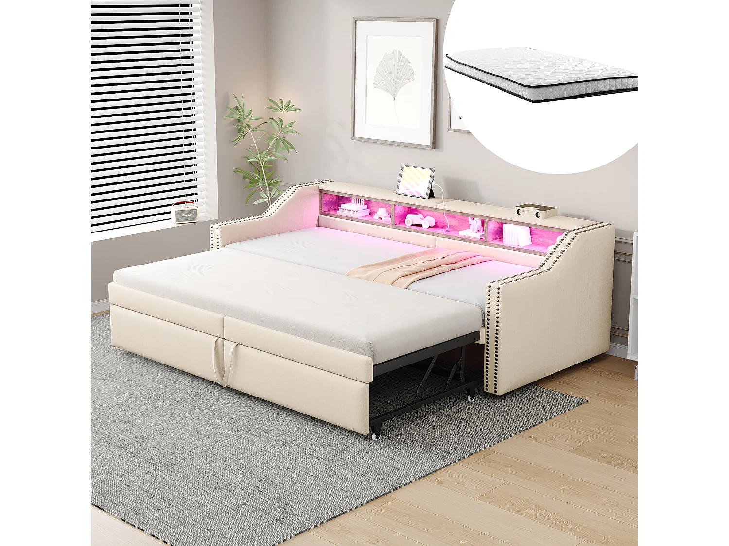 Canapé-lit extensible - 90/180 x 200 cm - avec étagères de rangements + Leds + USB -  lin + MDF - beige (avec 2 matelas)