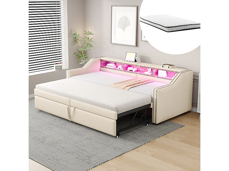 Canapé-lit extensible - 90/180 x 200 cm - avec étagères de rangements + Leds + USB -  lin + MDF - beige (avec 2 matelas)