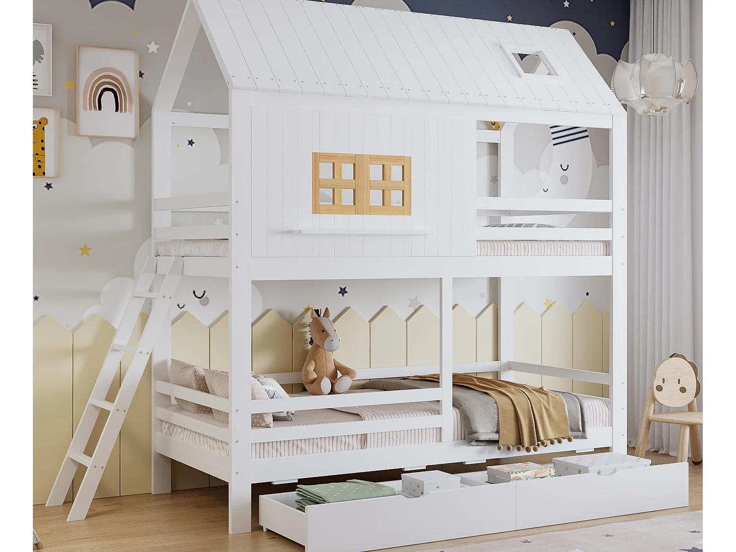 Letto sovrapposto per bambini 90x200 cm - con finestra - con 2 cassetti - con scala - legno massello - bianco + naturale​ (senza materasso)