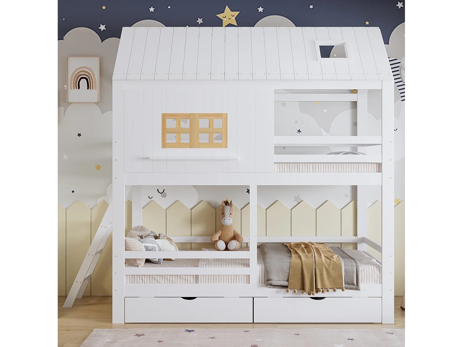 Letto sovrapposto per bambini 90x200 cm - con finestra - con 2 cassetti - con scala - legno massello - bianco + naturale​ (senza materasso)