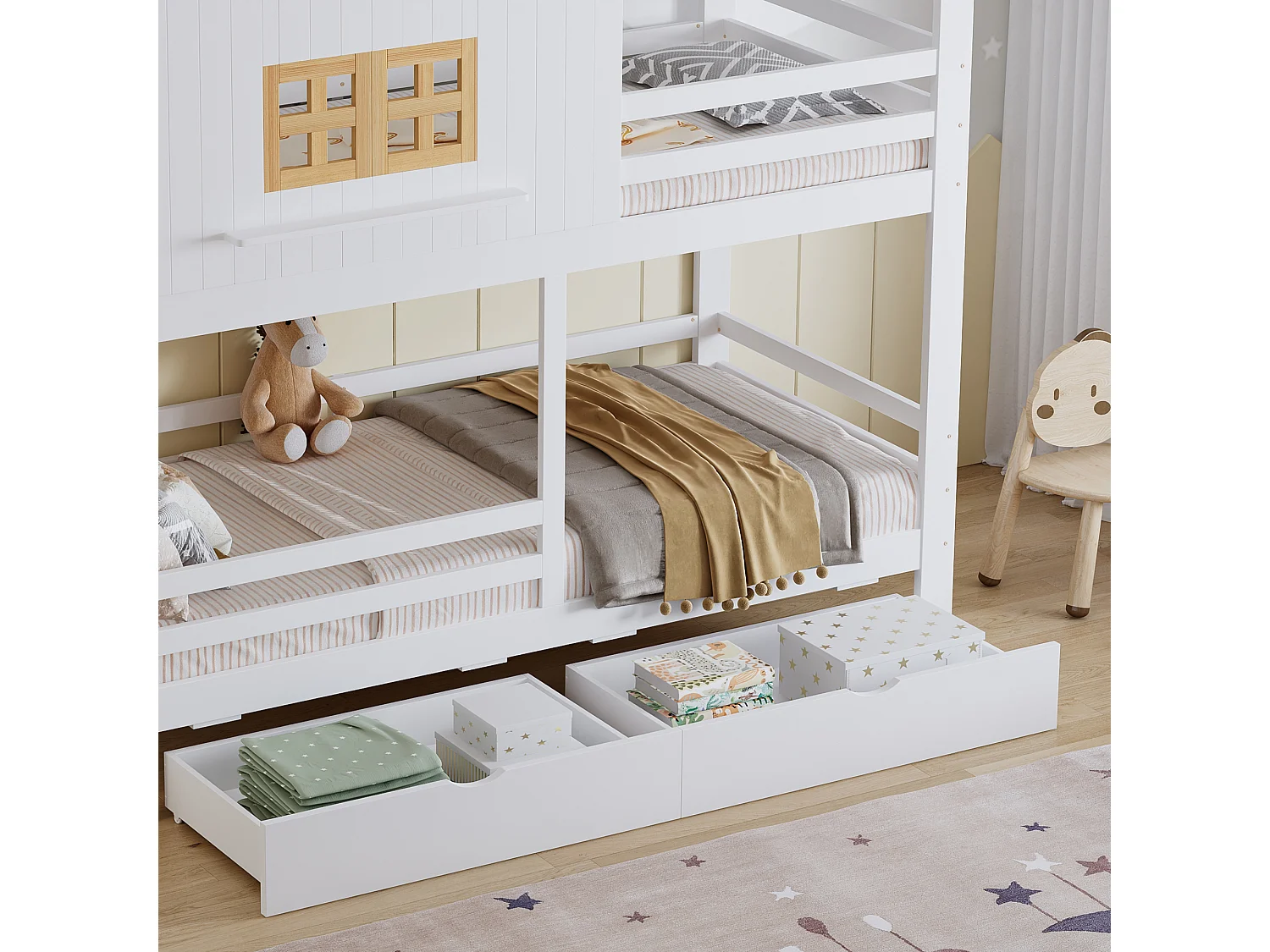 Letto sovrapposto per bambini 90x200 cm - con finestra - con 2 cassetti - con scala - legno massello - bianco + naturale​ (senza materasso)
