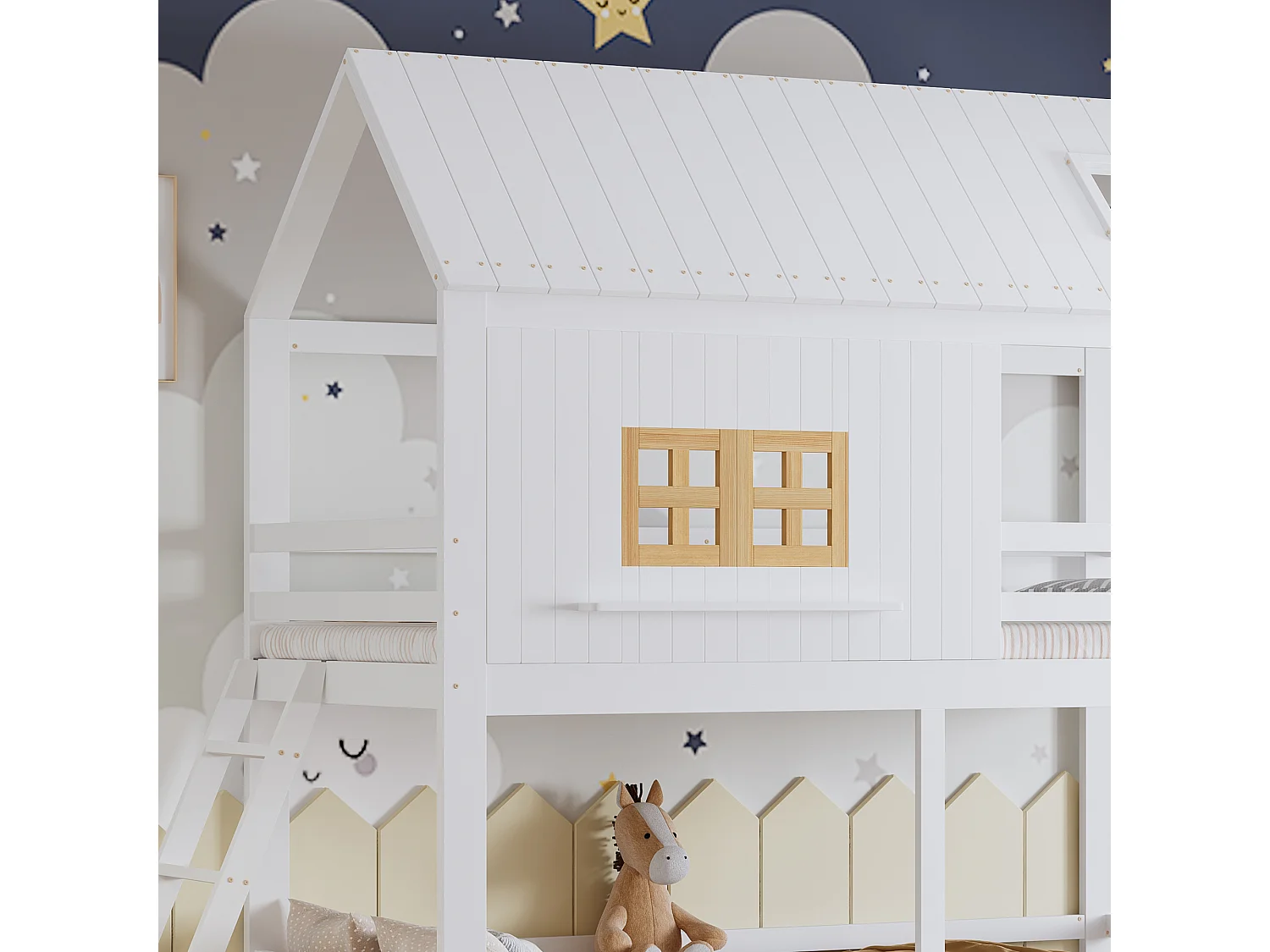 Letto sovrapposto per bambini 90x200 cm - con finestra - con 2 cassetti - con scala - legno massello - bianco + naturale​ (senza materasso)