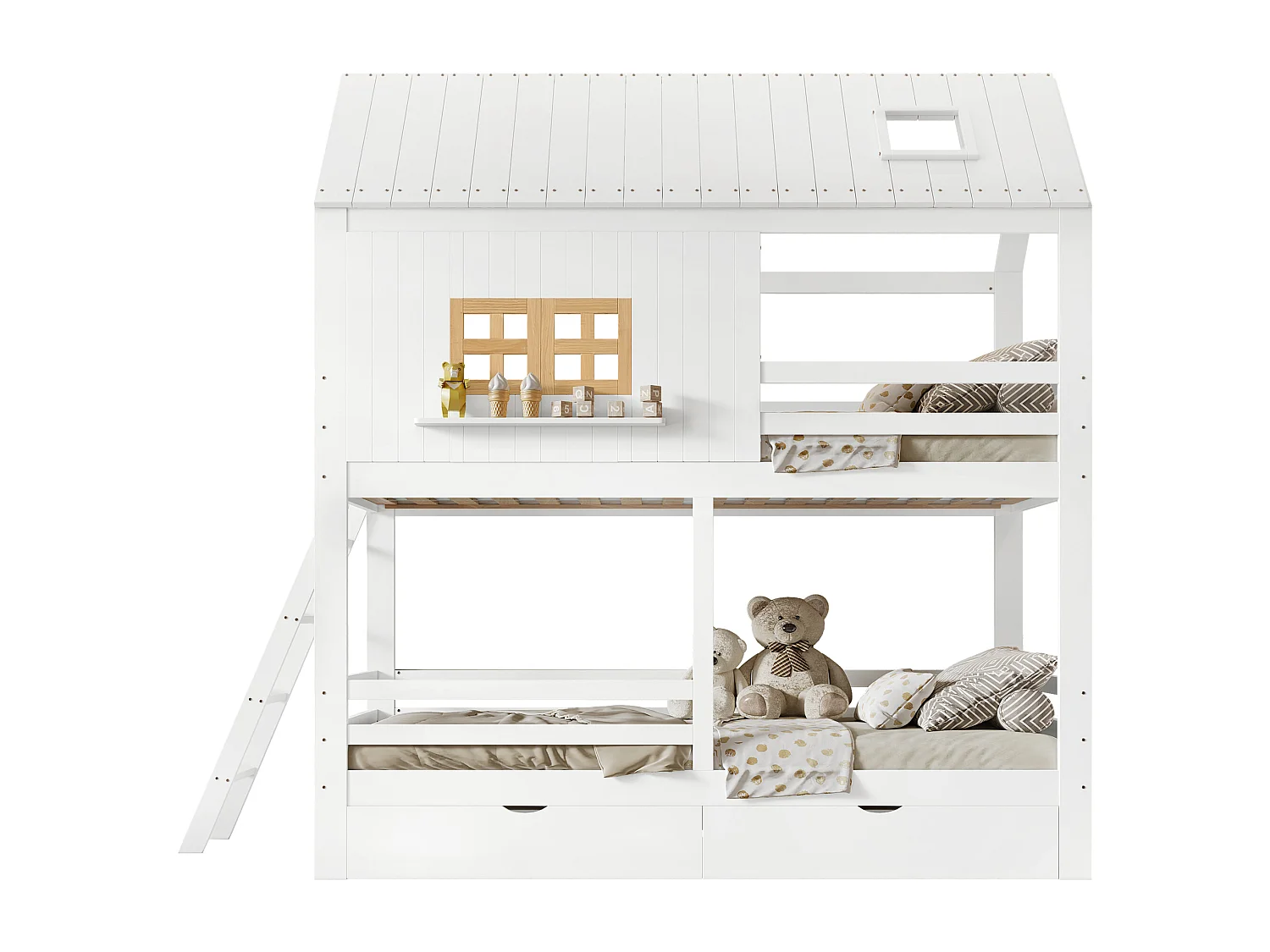 Letto sovrapposto per bambini 90x200 cm - con finestra - con 2 cassetti - con scala - legno massello - bianco + naturale​ (senza materasso)
