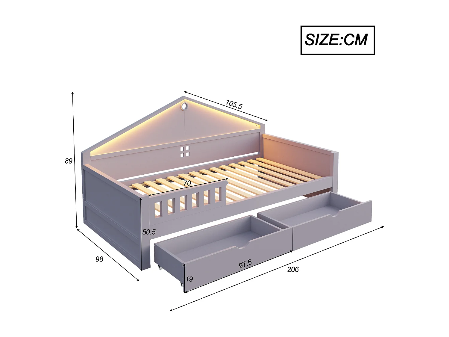 Lit enfant 90x200 cm - avec lumière LED - avec 2 tiroirs - sommier à lattes - gris (matelas non inclus)