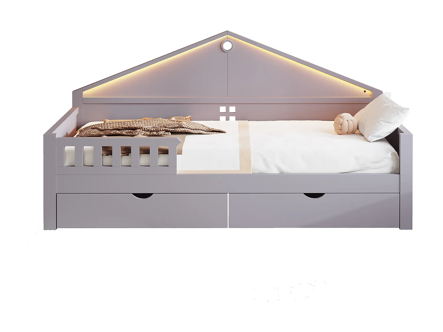 Lit enfant 90x200 cm - avec lumière LED - avec 2 tiroirs - sommier à lattes - gris (matelas non inclus)