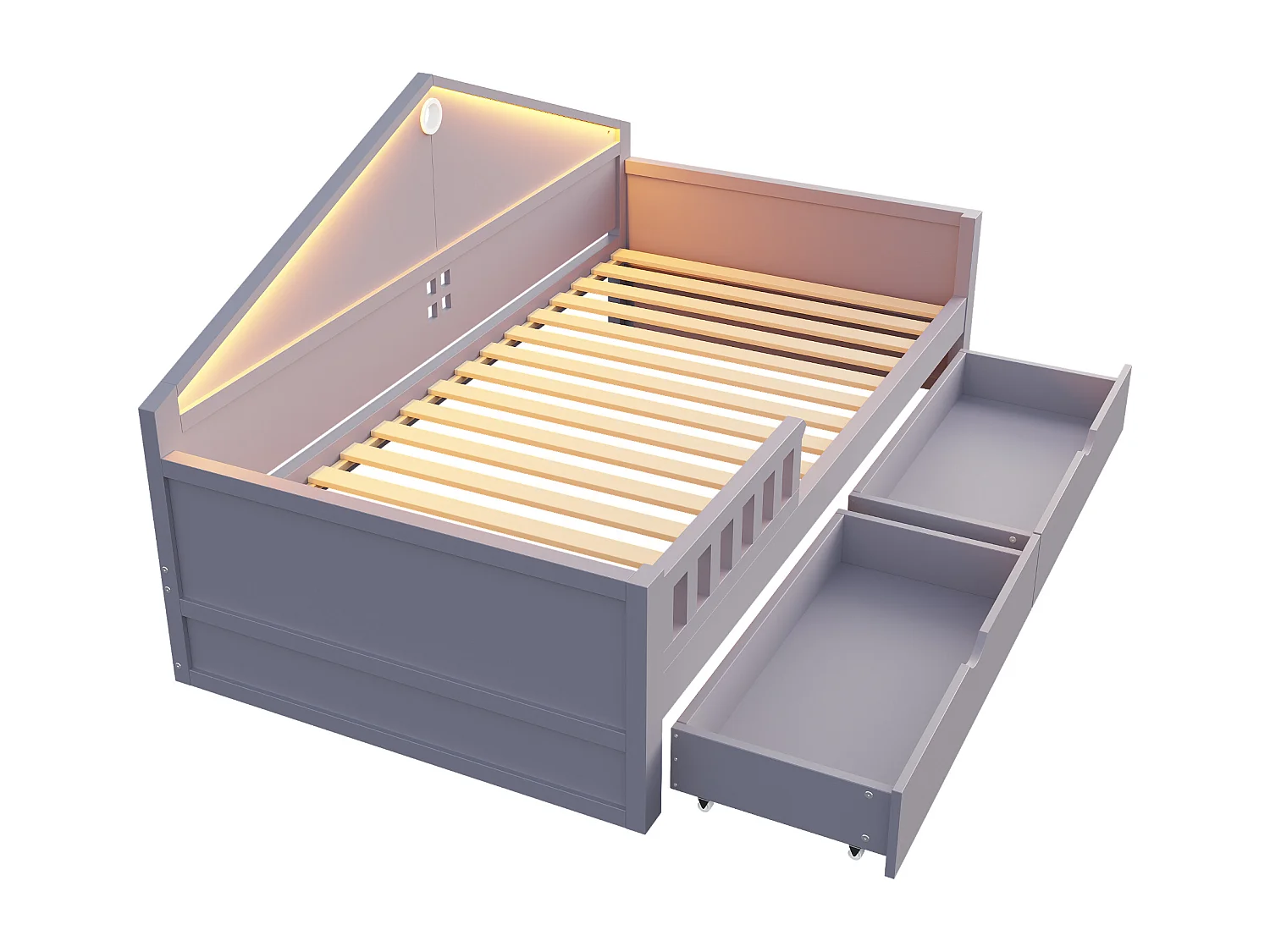 Kinderbett 90x200 cm - mit LED-Licht - mit 2 Schubladen - Lattenrost - grau​ (Matratze nicht inbegriffen)