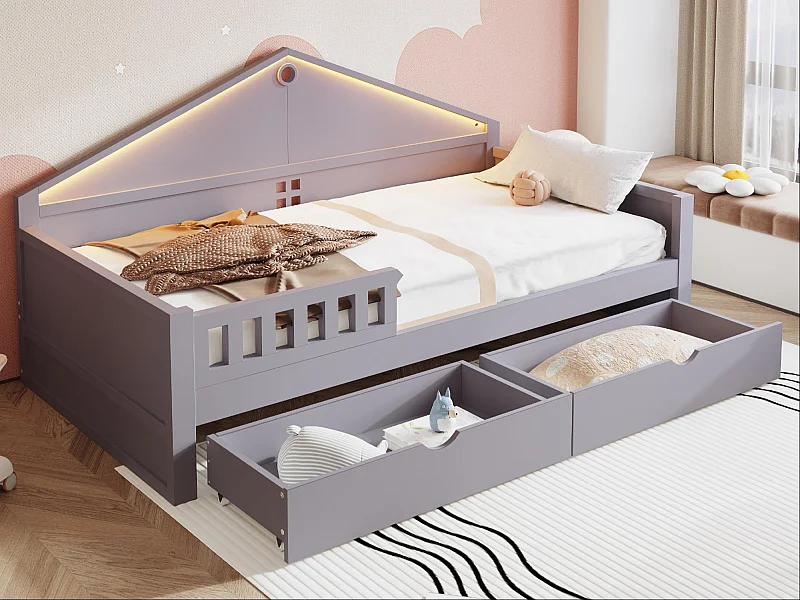 Cama infantil 90x200 cm - con luz LED - con 2 gavetas - somier de ripas - cinza​ (colchão não incluído)