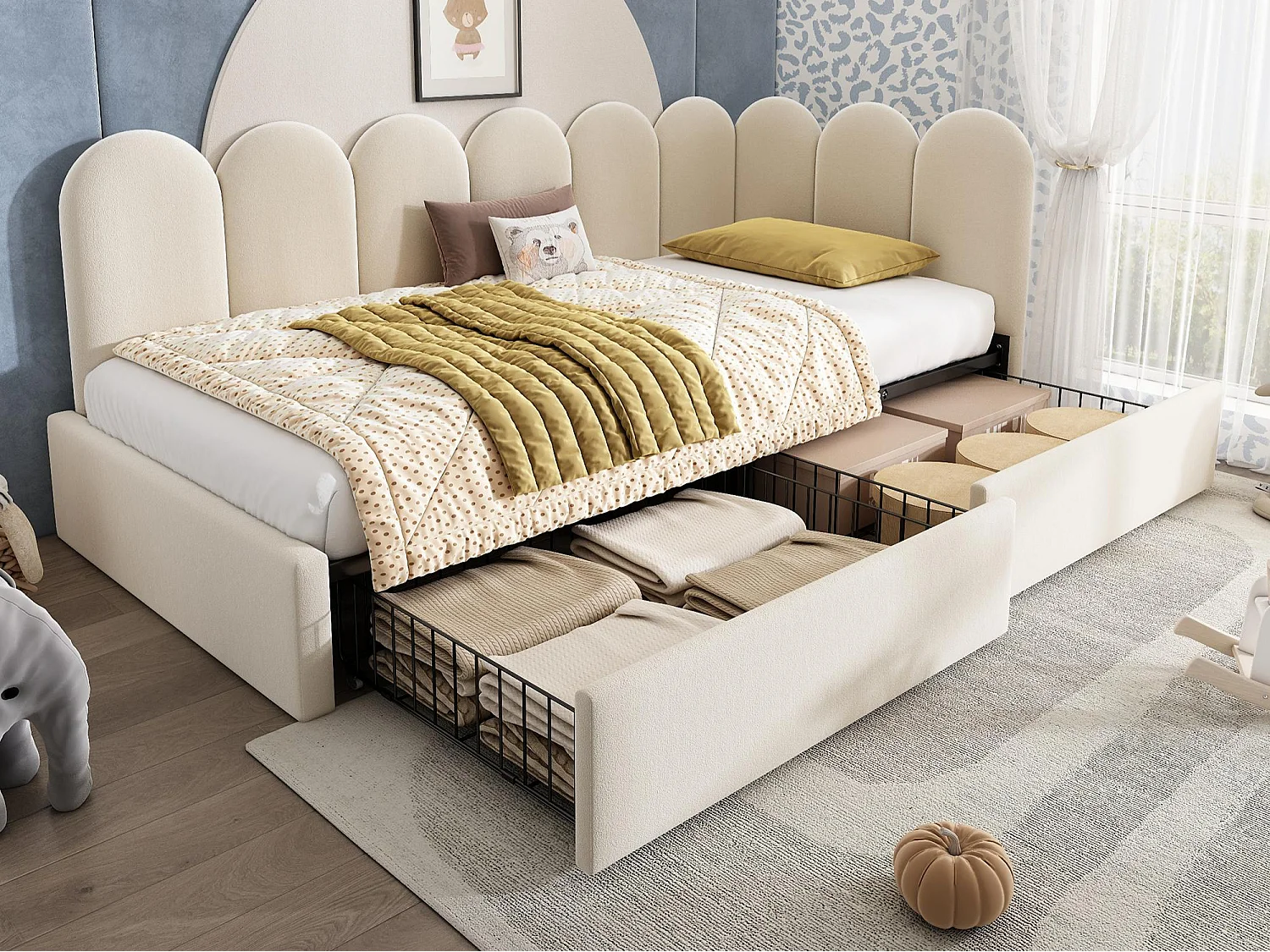 Lit banquette 90x190 cm - avec 2 tiroirs - tissu en velours - avec sommier à lattes - Beige(sans matelas)