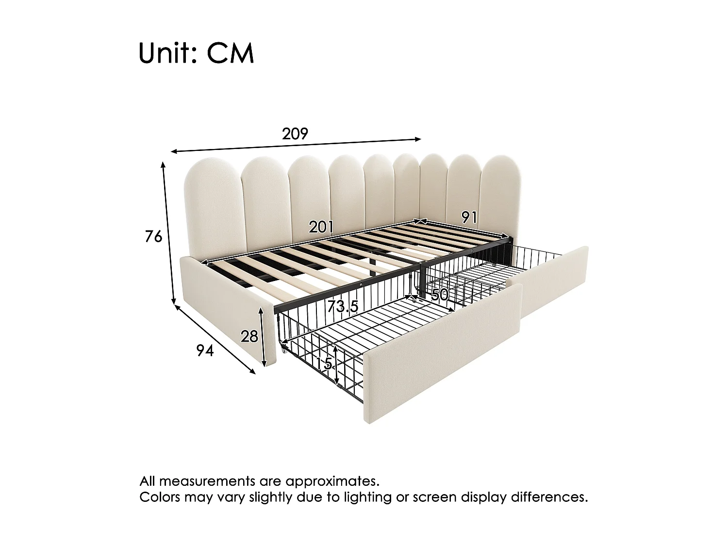 Lit banquette 90x190 cm - avec 2 tiroirs - tissu en velours - avec sommier à lattes - Beige(sans matelas)