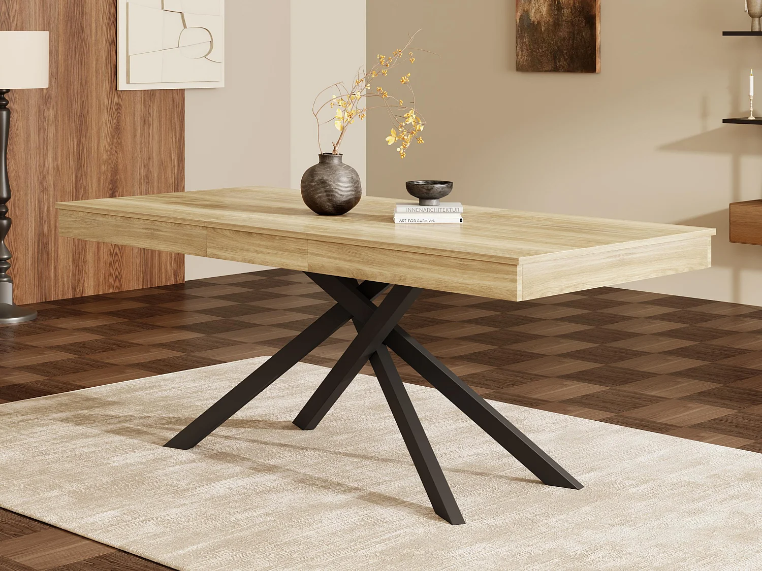 Table à manger rectangulaire extensible 140/180x80x76 cm - Pour 6 à 8 personnes - Plateau épais - Pieds en métal - Naturel