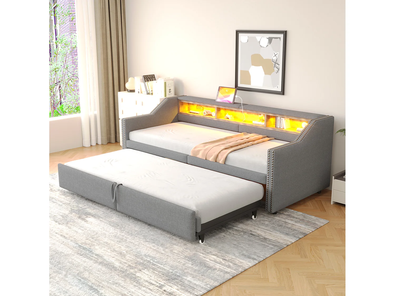 Canapé-lit extensible - 90/180 x 200 cm - avec étagères de rangements + Leds + USB -  lin + MDF - gris clair (avec 2 matelas)