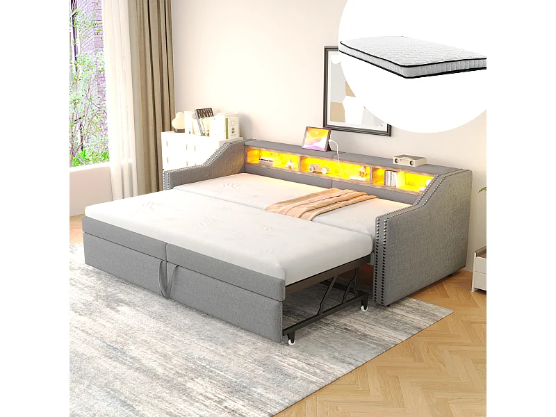 Canapé-lit extensible - 90/180 x 200 cm - avec étagères de rangements + Leds + USB -  lin + MDF - gris clair (avec 2 matelas)
