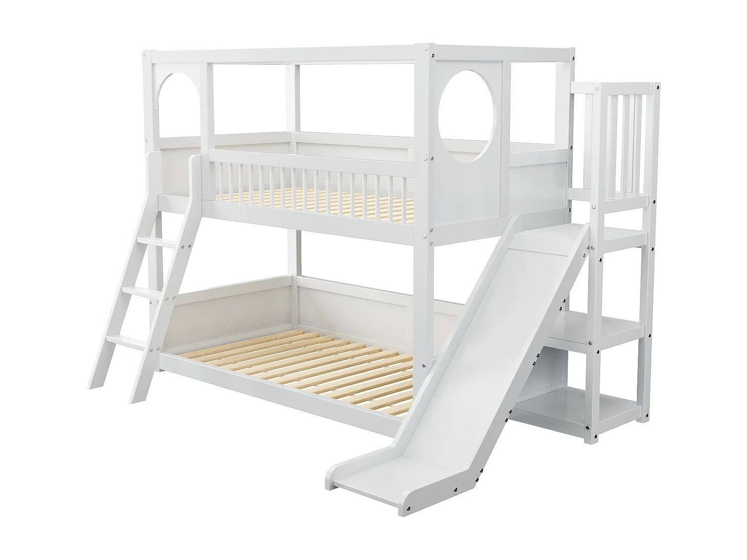 Lit superposé enfant 90x200cm avec étagères et toboggan - Blanc, sans matelas