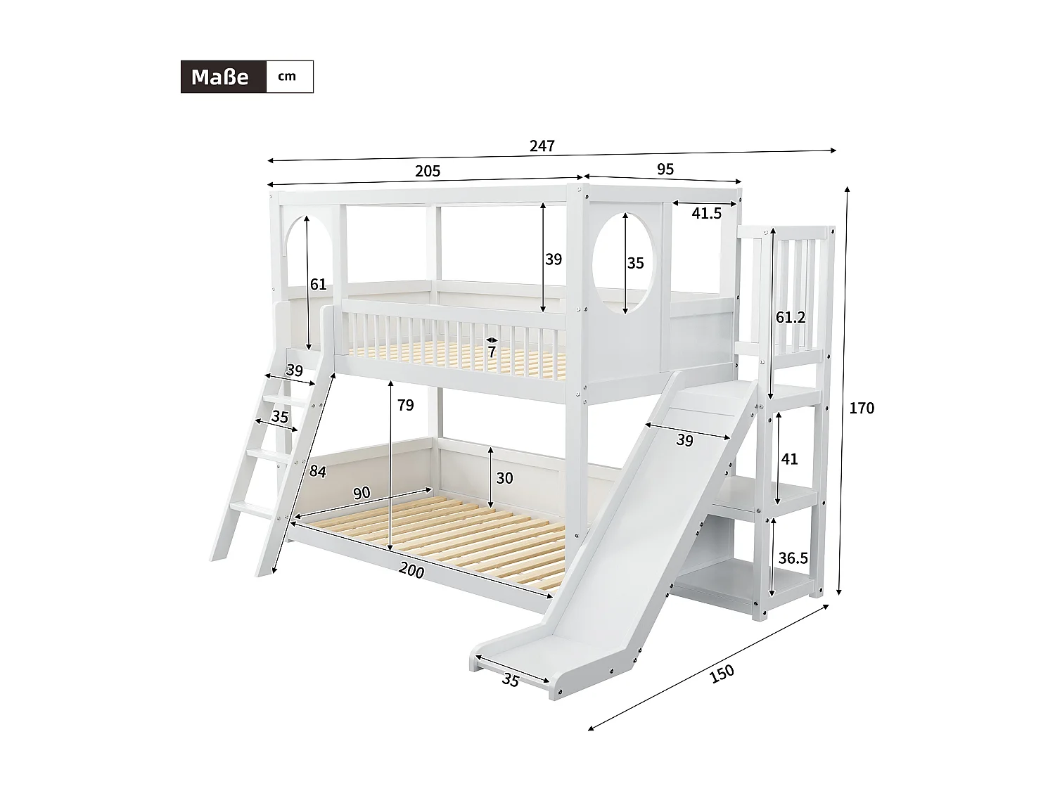 Lit superposé enfant 90x200cm avec étagères et toboggan - Blanc, sans matelas