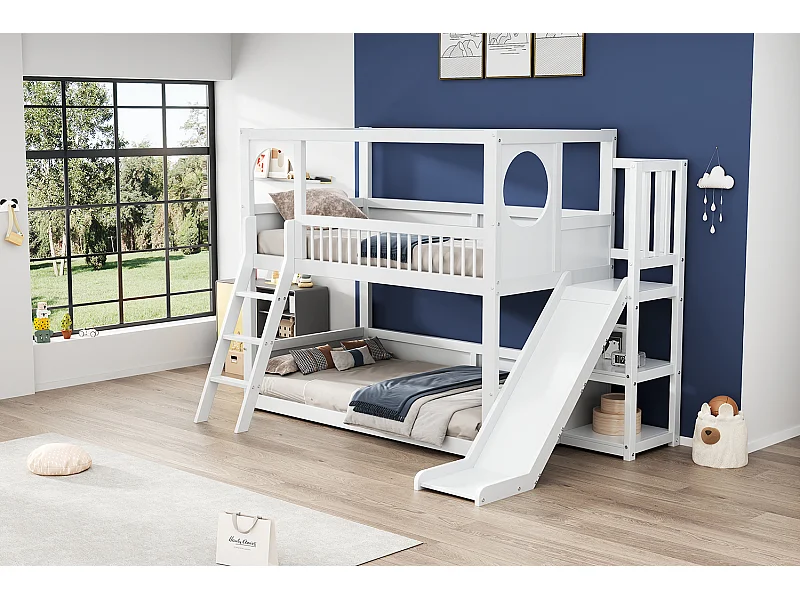 Lit superposé enfant 90x200cm avec étagères et toboggan - Blanc, sans matelas