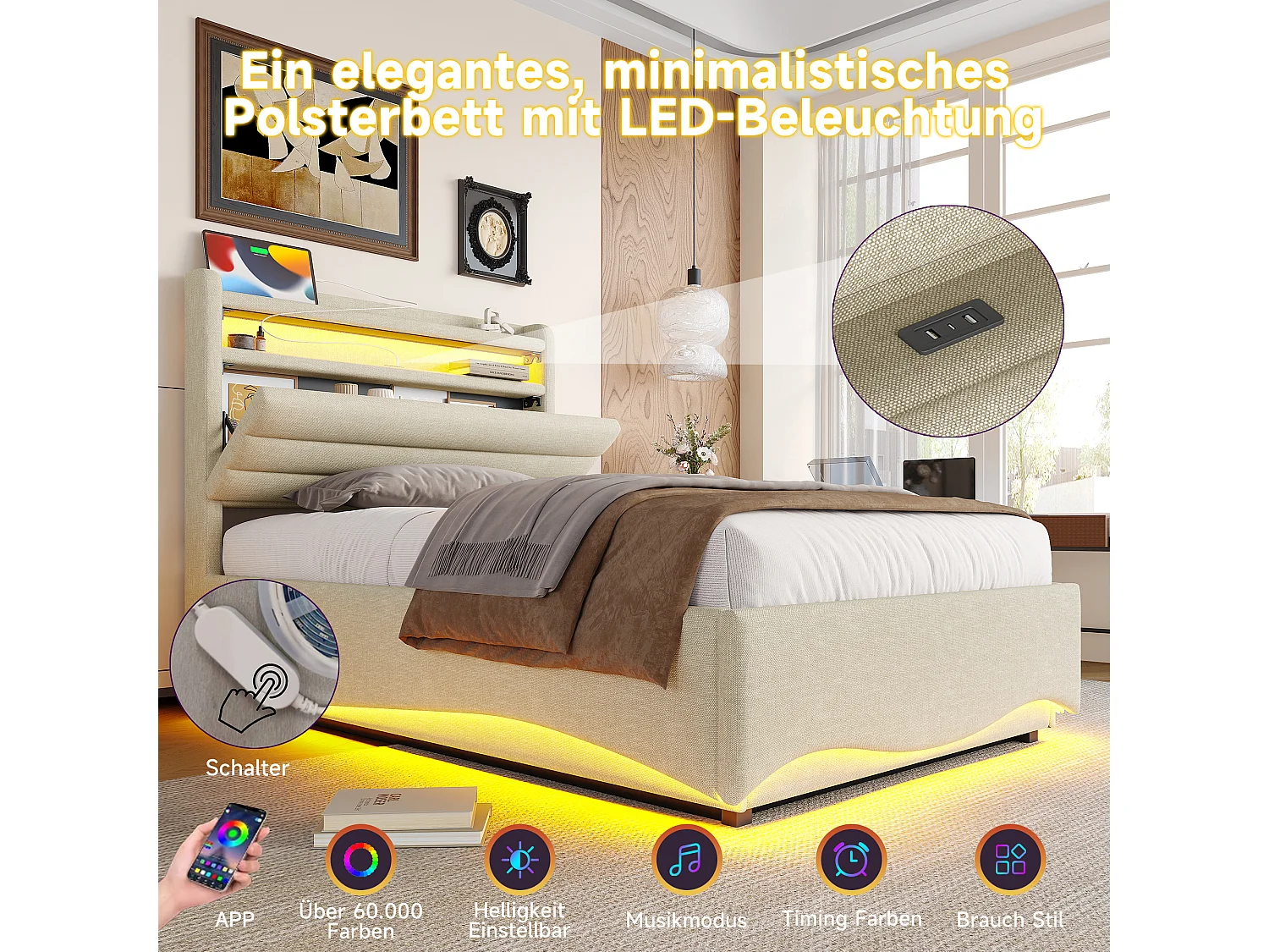 Lit coffre hydraulique pour enfant - 90 x 200 cm - avec Leds + USB + tête de lit de rangement - lin - beige