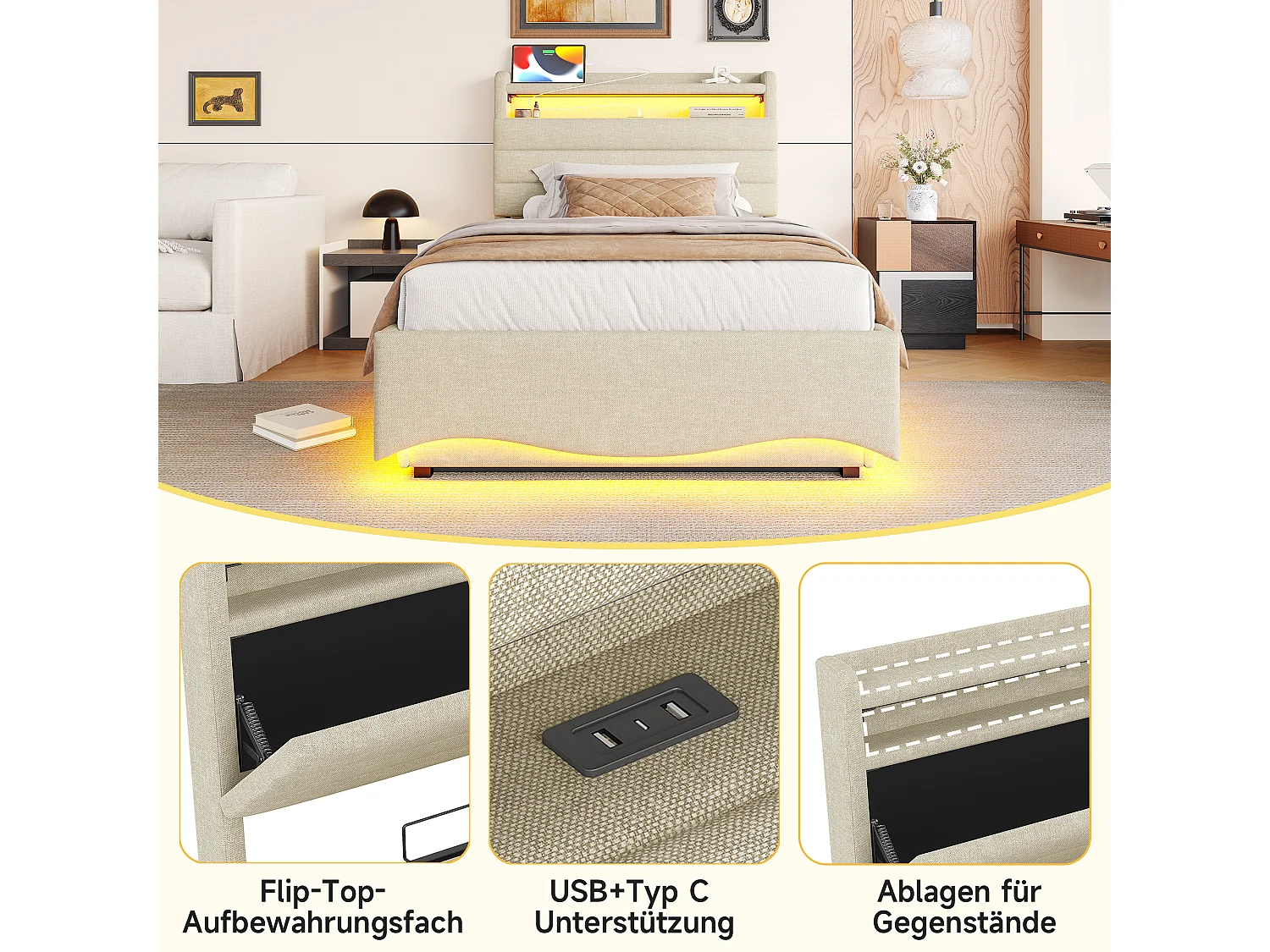 Lit coffre hydraulique pour enfant - 90 x 200 cm - avec Leds + USB + tête de lit de rangement - lin - beige