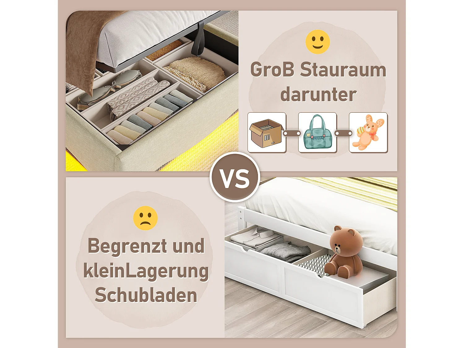 Lit coffre hydraulique pour enfant - 90 x 200 cm - avec Leds + USB + tête de lit de rangement - lin - beige