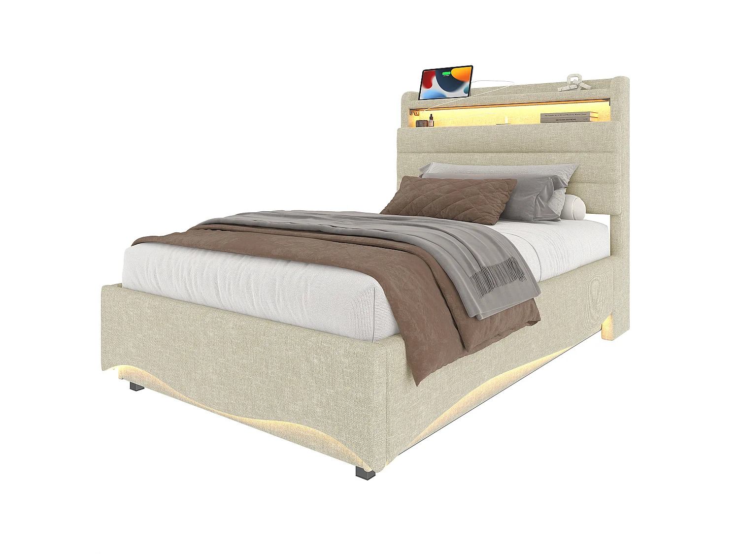 Lit coffre hydraulique pour enfant - 90 x 200 cm - avec Leds + USB + tête de lit de rangement - lin - beige