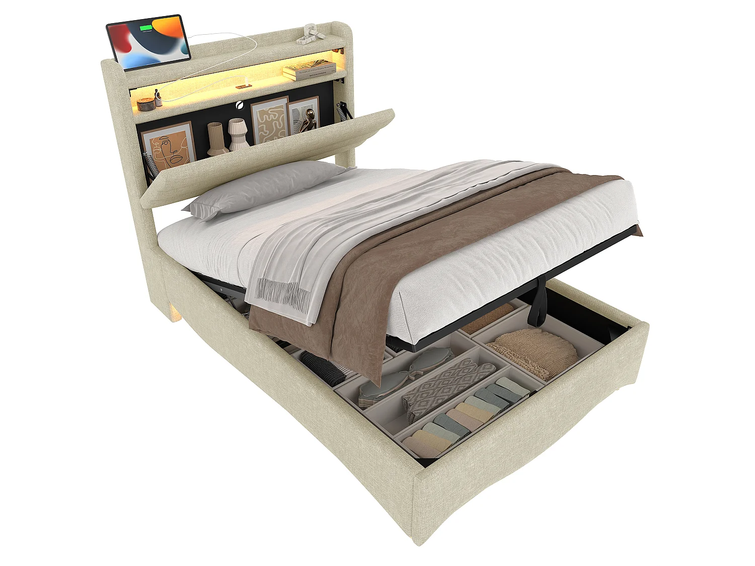 Lit coffre hydraulique pour enfant - 90 x 200 cm - avec Leds + USB + tête de lit de rangement - lin - beige