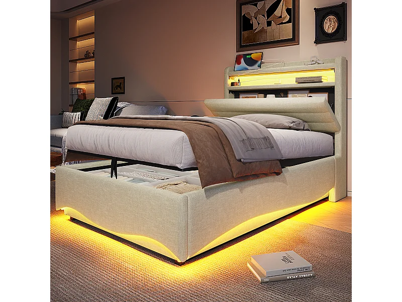Lit coffre hydraulique pour enfant - 90 x 200 cm - avec Leds + USB + tête de lit de rangement - lin - beige
