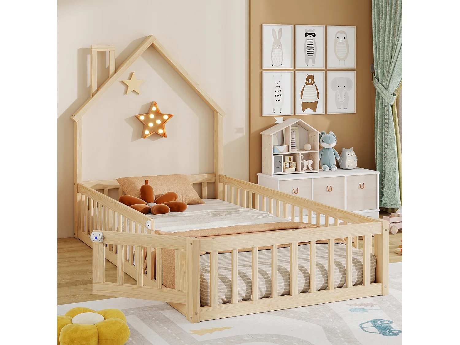 Lit cabane pour enfant - 90 x 200 cm - en forme de cheminée - avec sommier à lattes + porte - pin - naturel