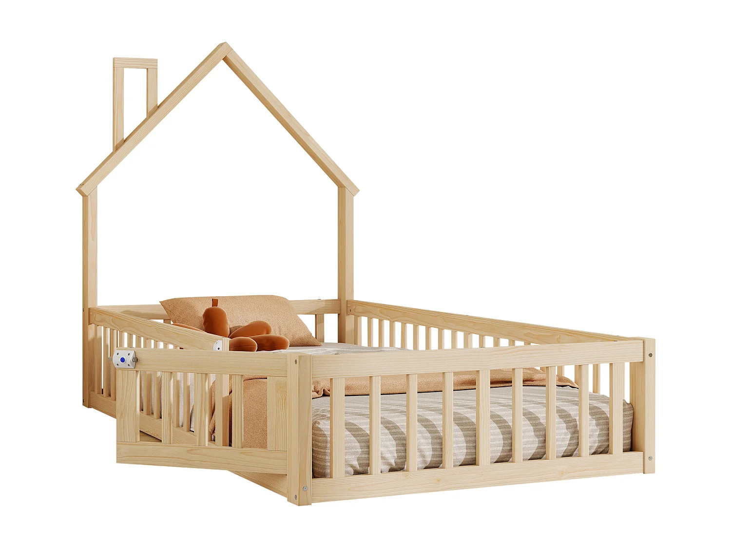 Lit cabane pour enfant - 90 x 200 cm - en forme de cheminée - avec sommier à lattes + porte - pin - naturel