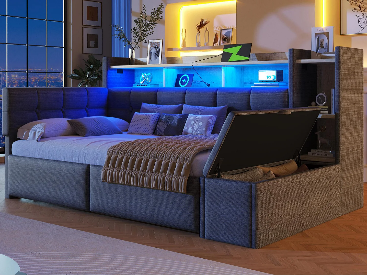 Schlafsofa 90x190 cm - mit 2 Schubladen - mit USB- + Type-C-Anschlüssen - mit LED-Beleuchtung - Samtstoff - dunkelgrau​ (Matratze nicht inbegriffen)