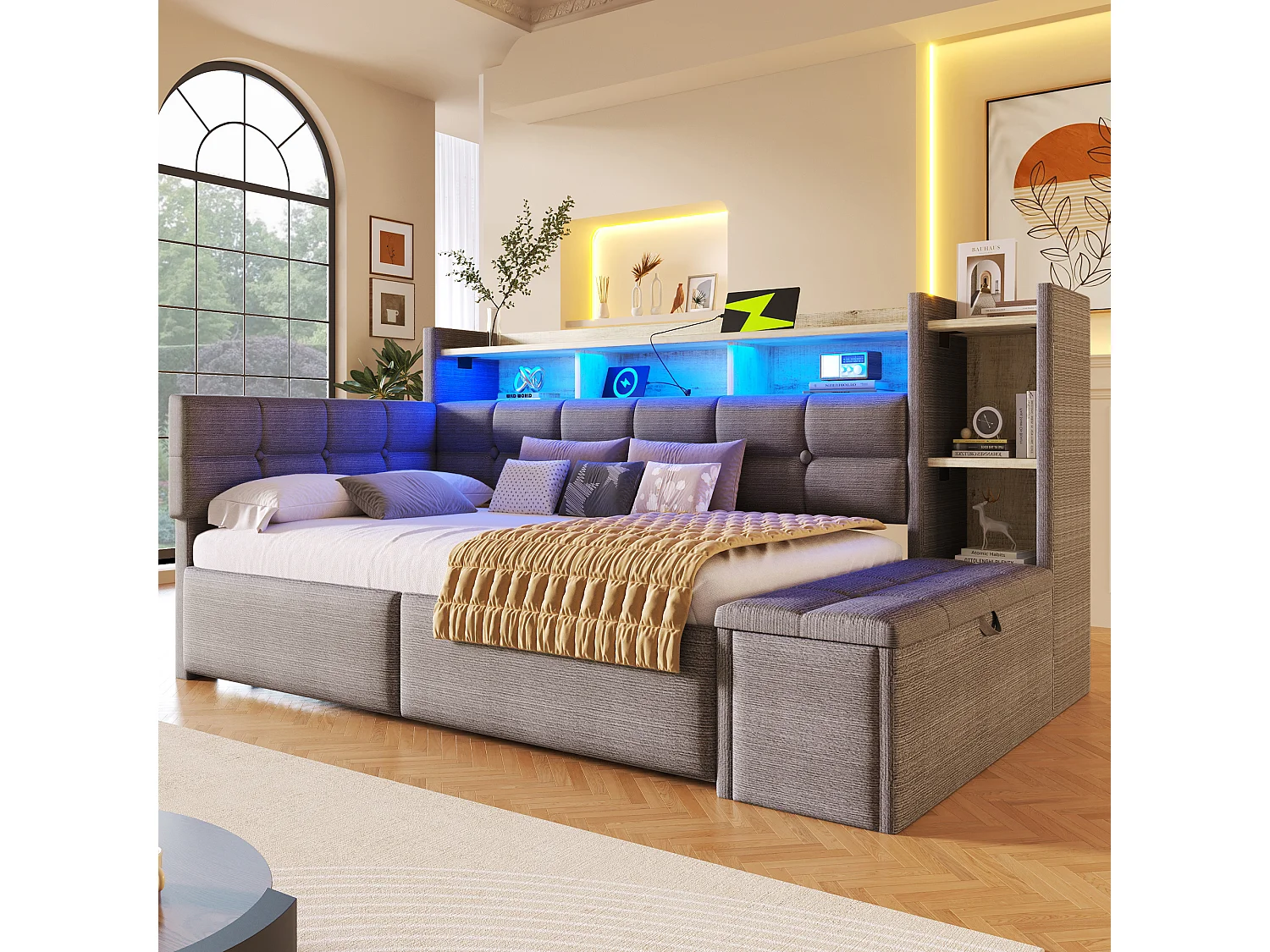 Schlafsofa 90x190 cm - mit 2 Schubladen - mit USB- + Type-C-Anschlüssen - mit LED-Beleuchtung - Samtstoff - dunkelgrau​ (Matratze nicht inbegriffen)