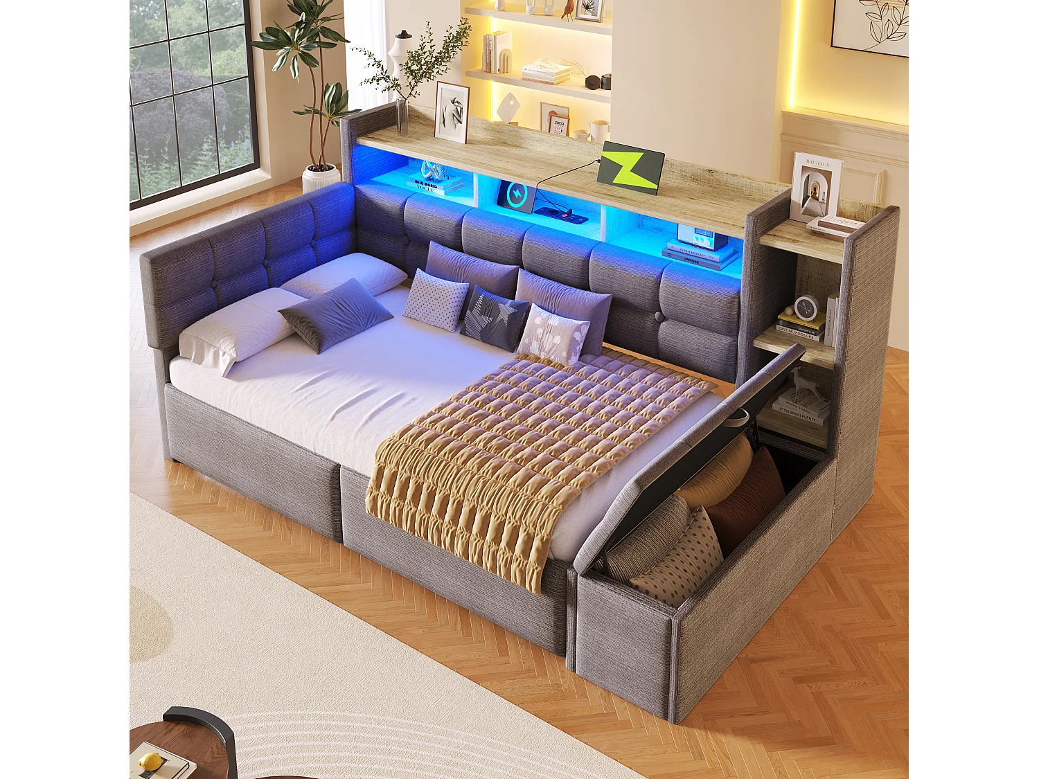 Schlafsofa 90x190 cm - mit 2 Schubladen - mit USB- + Type-C-Anschlüssen - mit LED-Beleuchtung - Samtstoff - dunkelgrau​ (Matratze nicht inbegriffen)