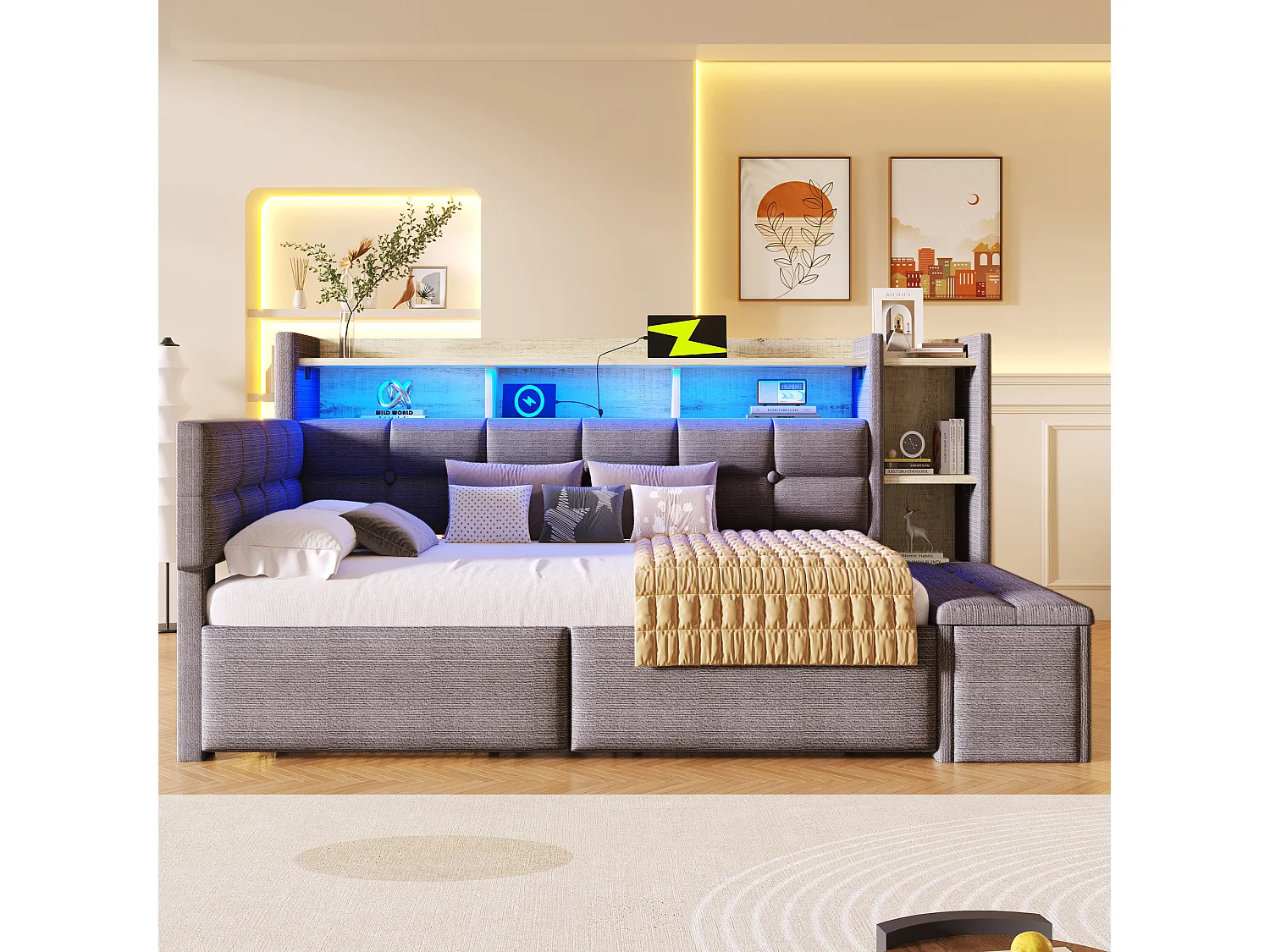 Schlafsofa 90x190 cm - mit 2 Schubladen - mit USB- + Type-C-Anschlüssen - mit LED-Beleuchtung - Samtstoff - dunkelgrau​ (Matratze nicht inbegriffen)