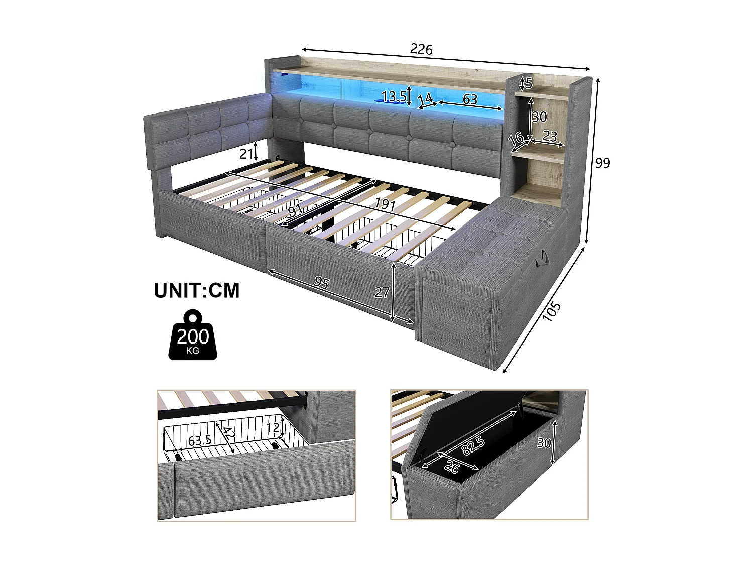 Schlafsofa 90x190 cm - mit 2 Schubladen - mit USB- + Type-C-Anschlüssen - mit LED-Beleuchtung - Samtstoff - dunkelgrau​ (Matratze nicht inbegriffen)