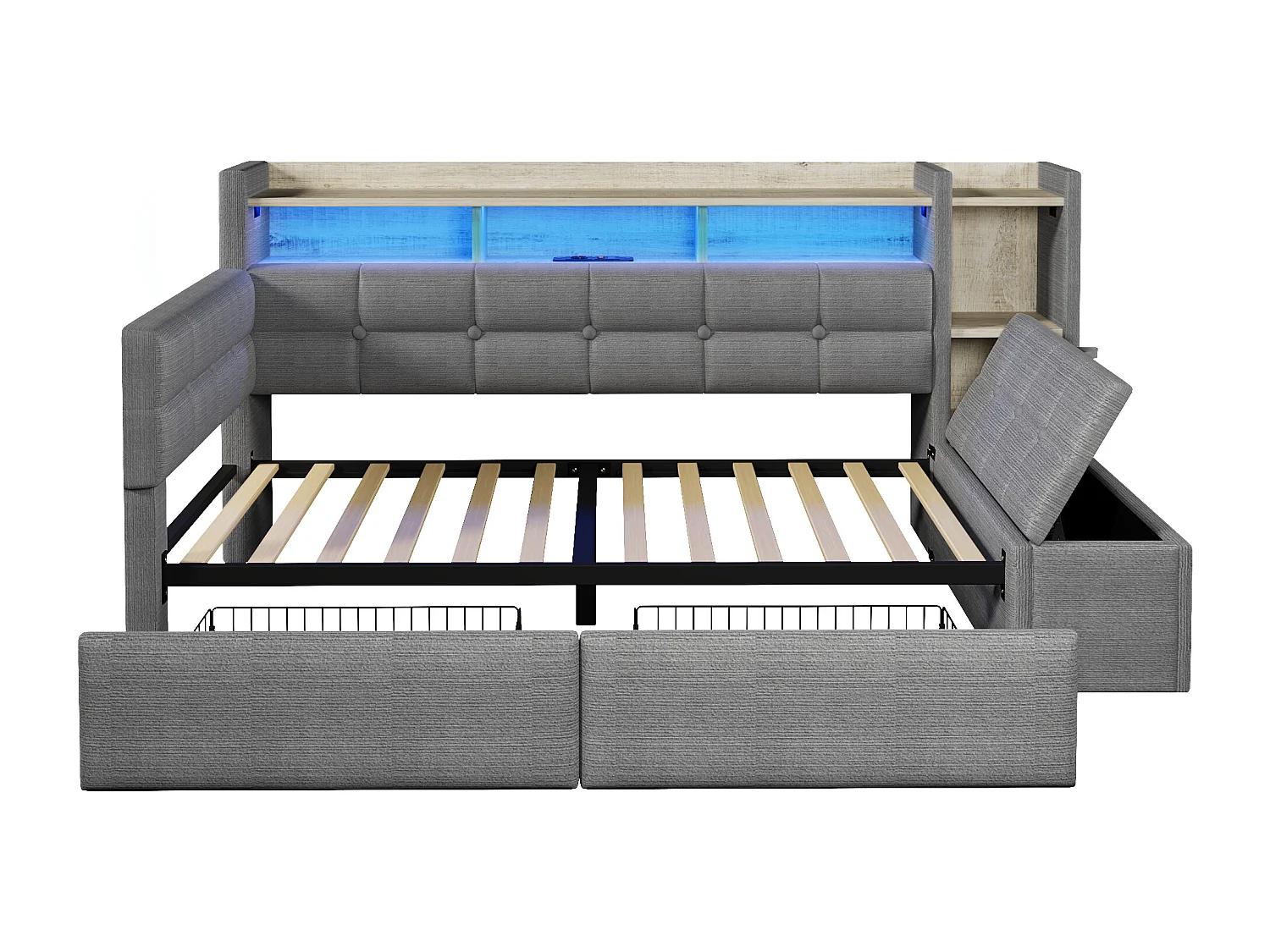 Schlafsofa 90x190 cm - mit 2 Schubladen - mit USB- + Type-C-Anschlüssen - mit LED-Beleuchtung - Samtstoff - dunkelgrau​ (Matratze nicht inbegriffen)