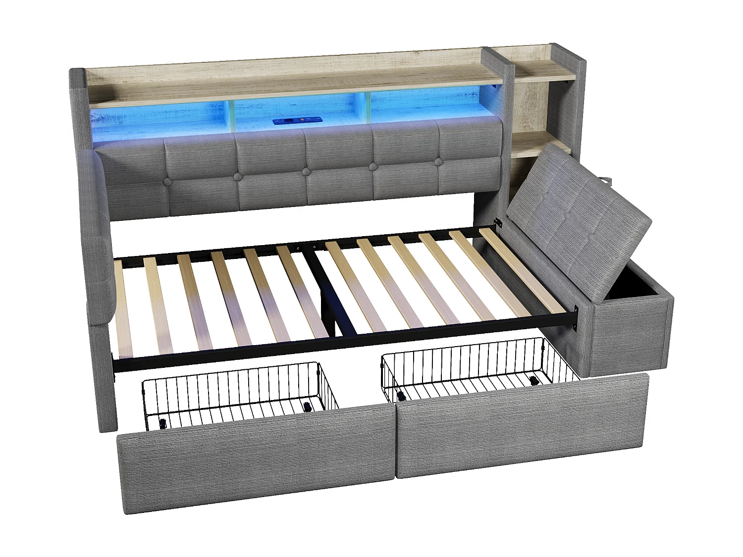 Schlafsofa 90x190 cm - mit 2 Schubladen - mit USB- + Type-C-Anschlüssen - mit LED-Beleuchtung - Samtstoff - dunkelgrau​ (Matratze nicht inbegriffen)