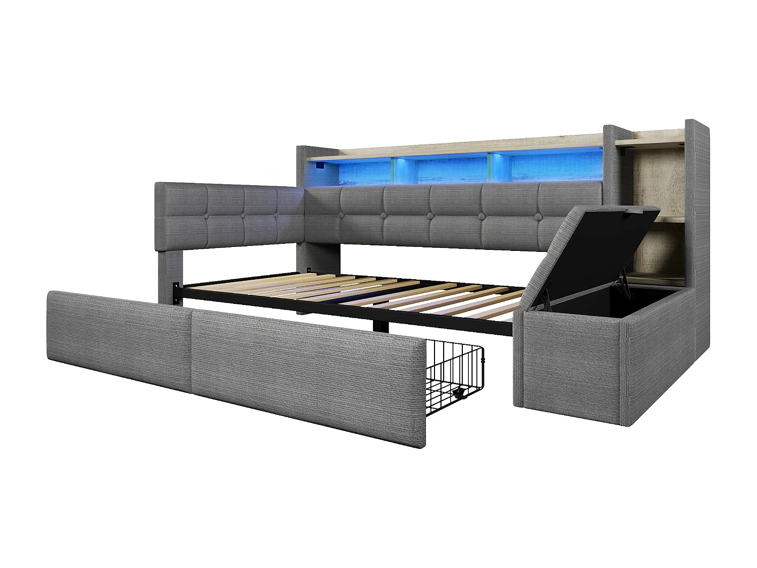 Schlafsofa 90x190 cm - mit 2 Schubladen - mit USB- + Type-C-Anschlüssen - mit LED-Beleuchtung - Samtstoff - dunkelgrau​ (Matratze nicht inbegriffen)