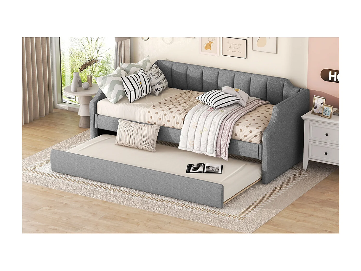 Dagbed 90x200cm met uitschuifbaar bed 90x190cm - Katoen en linnen stof - Grijs