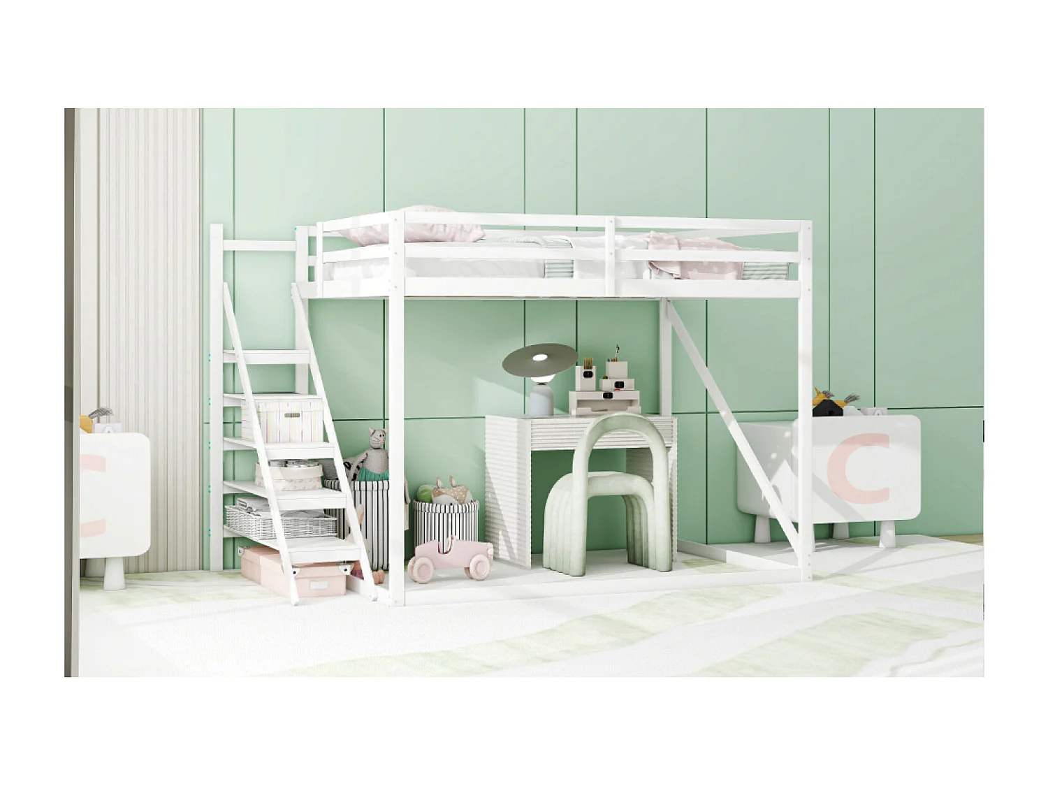 Lit superposé enfant 140x200cm avec rangement - Lit mezzanine avec échelle de sécurité - Blanc