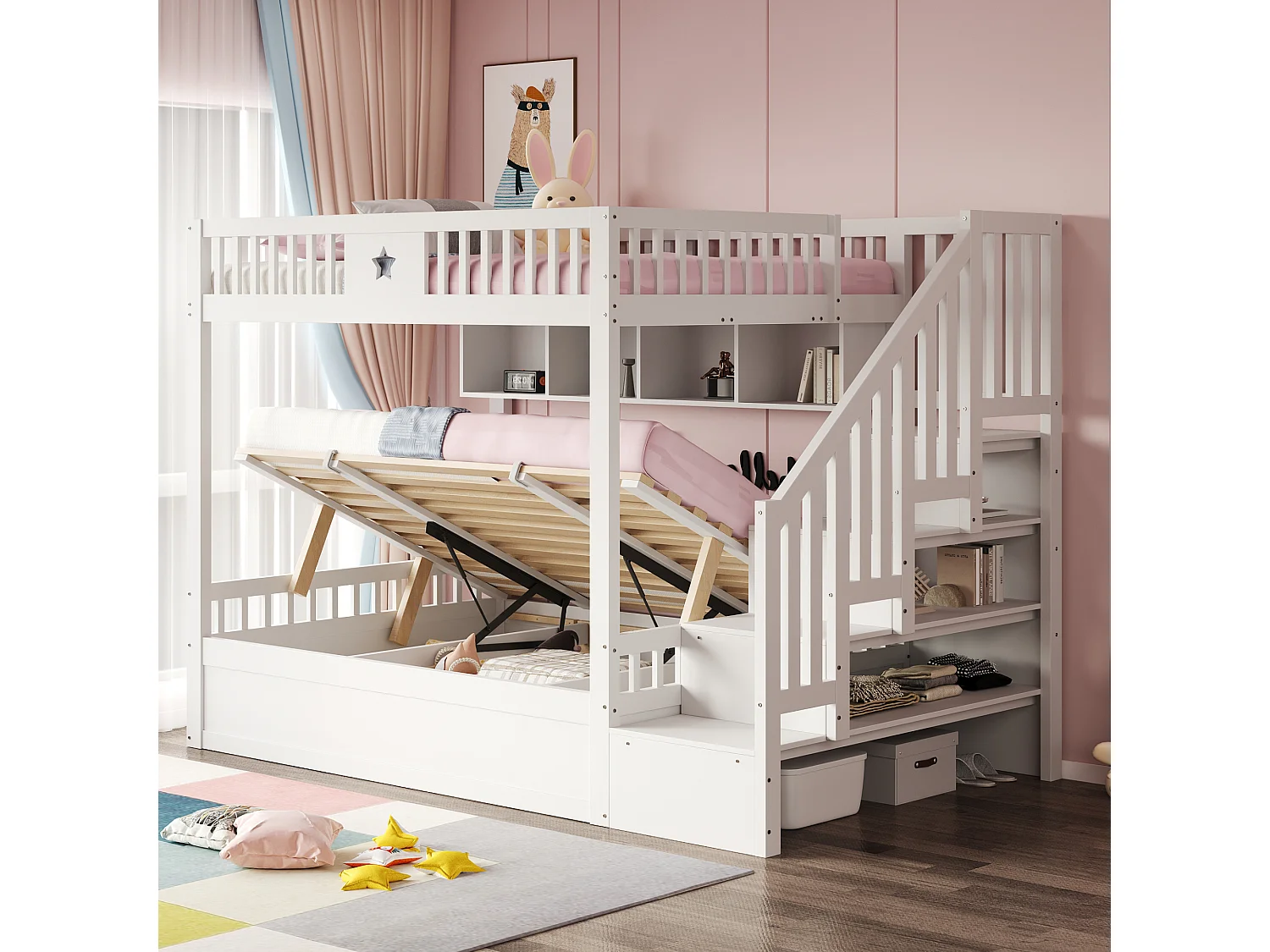 Lit superposés enfant - 2 x 140 x 200 cm - avec rangement hydraulique + escalier de rangement + étagères - bois - blanc