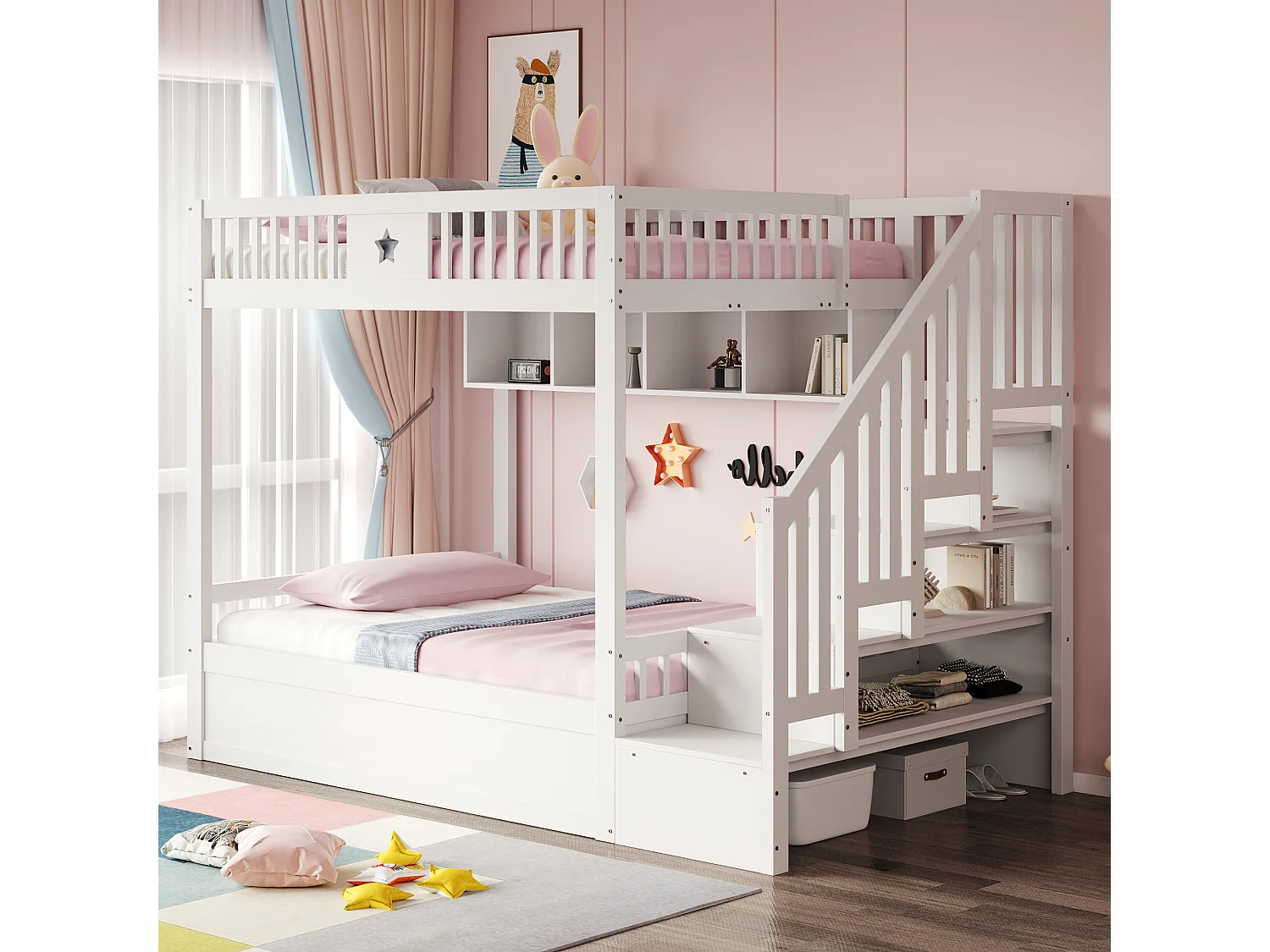 Lit superposés enfant - 2 x 140 x 200 cm - avec rangement hydraulique + escalier de rangement + étagères - bois - blanc